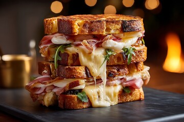 A mouthwatering grilled cheese sandwich station with gourmet fillings like brie, fig jam, and prosciutto, ready for serving, exuding comfort and gourmet flair.