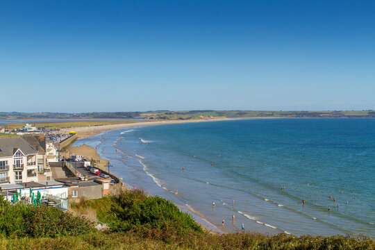 View to a beach from cliff walk in Tramore,  a sea side town in County Waterford, southeast coast of Ireland