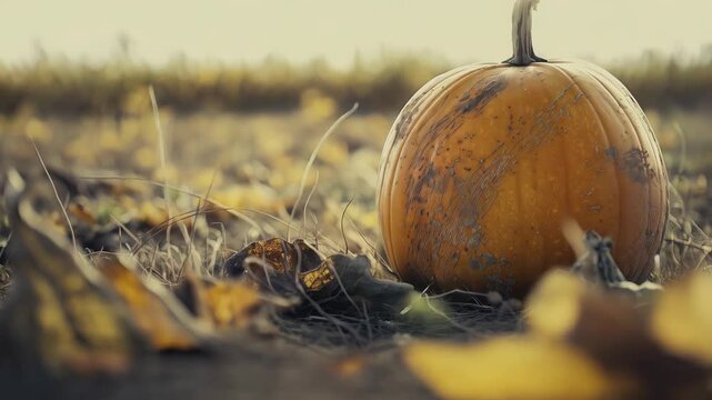 Orange pumpkin rests on the ground amidst dry leaves in a serene autumn field, evoking the spirit of fall harvest