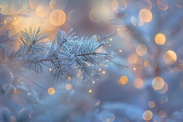 Winter branch with frost and bokeh lights creates magical serene holiday feel
