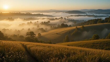 Obraz premium Serene Sunrise Over Misty Hills and Fields in Tranquil Landscape