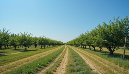 Fototapeta premium Breathtaking View of Endless Tree Rows in a Lush Orchard Landscape