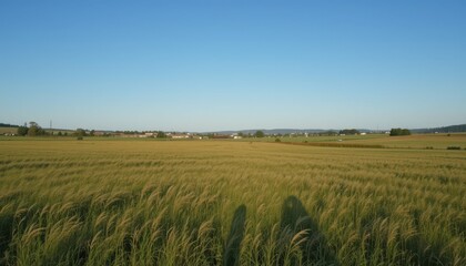 Obraz premium Lush Green Field Under Clear Blue Sky in Tranquil Rural Landscape