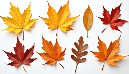 Fototapeta premium Colorful autumn leaves isolated on white background. Collection features maple oak, various tree foliage with vibrant yellow orange, red colors. Fall season theme, autumn background, nature, seasonal