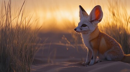A fennec fox with large ears sits gracefully in golden sands at sunset, blending with the serene landscape.