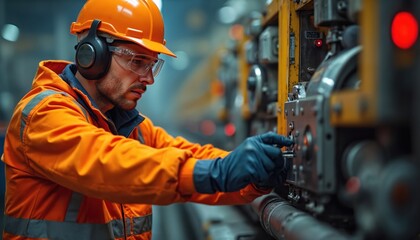Employee operates machinery with safety gear. Man works in factory wearing helmet gloves goggles uniform. Technician works with control panel buttons. Engineering construction, technology innovation