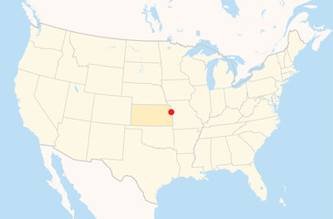 Fototapeta premium Location Map of the city Lenexa in Kansas, USA. The state is marked orange and the city is highlighted with a red dot. No labels at all.
