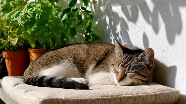 Tabby cat napping outdoors