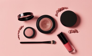 Beauty make up cosmetic women products accessories in line row on pink flat lay background, cheap discount commercial retail sale offer online purchase, top view above copy space, makeup wide banner
