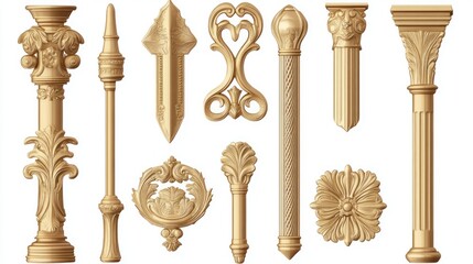 Fototapeta premium Golden ornate architectural elements, design details, isolated, white background, interior design