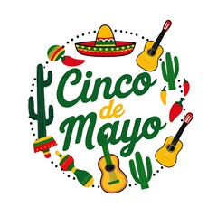 Celebrate Cinco de Mayo Spirit: Circular Illustration with Sombrero, Guitars, Maracas, Cacti, and Chilies