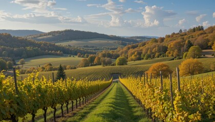 Fototapeta premium Scenic Vineyard Landscape with Rolling Hills and Autumn Colors