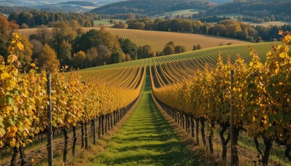 Fototapeta premium Scenic Vineyard Landscape with Autumn Foliage and Rolling Hills