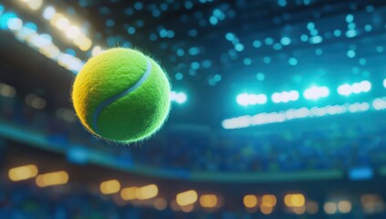 3D render of a tennis ball soaring above a stadium with blurred stands, bright lights, and cheering fans, symbolizing sports competition or professional match.