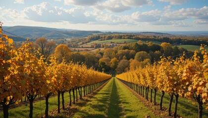 Fototapeta premium Autumn Vineyard Landscape with Rows of Golden Grape Vines and Hills