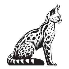 Naklejka premium Monochrome serval silhouette vector suitable for dark-mode and grayscale themes – serval silhouette – serval vector – serval illustration – silhouette of serval