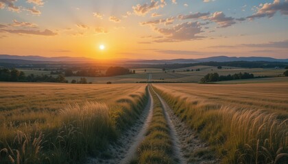 Obraz premium Serene Sunset Over Rolling Fields with Pathway and Vibrant Sky