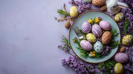 Obraz premium Decorated eggs on a plate, flowers and bunny figure