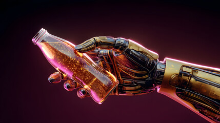 Robotic Hand and Bottle of Liquid: Futuristic shot of a golden robotic hand delicately holding a translucent glass bottle filled with glowing amber liquid.