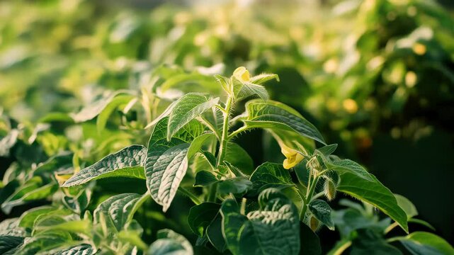 Close up of groundcherries plants bathed in warm sunlight, showcasing vibrant green leaves and delicate yellow flowers