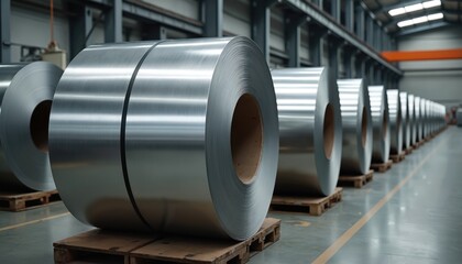 Rows of industrial metal rolls in factory. Metallic rolls on wooden pallets. Construction and industry concept. Steel production, manufacturing, technology, heavy industry. Economic business.