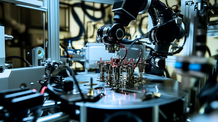 A robotic arm in a futuristic lab, assembling components for robots used in autonomous chemical manufacturing systems, Chemical-tech style