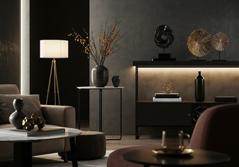 Modern living room interior design with dark color palette, stylish furniture and decorative objects.