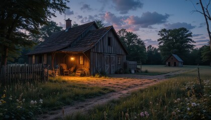 Fototapeta premium Cozy Wooden Cottage Under a Twilight Sky with Warm Glowing Light