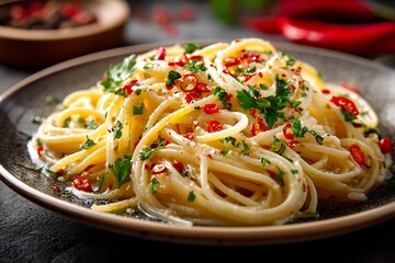 A mouthwatering plate of Italian spaghetti aglio e olio, pasta tossed with garlic and olive oil, garnished with fresh herbs and chili flakes.