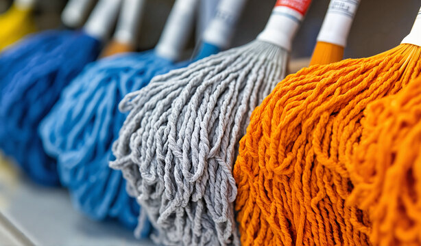 Colorful trendy mops hanging on rack in cleaning supply store
