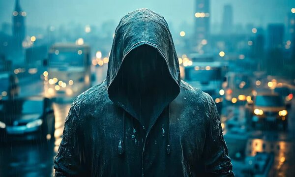 Mysterious hooded figure walks through rainsoaked urban nightscape illuminated by city lights