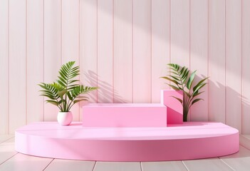 Elegant pink pastel podium on light wood background, ideal for product display, surface, style
