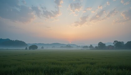 Fototapeta premium Serene Landscape at Sunrise with Mist Over Fields and Mountains