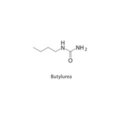 Butylurea skeletal structure. Urea derivative compound schematic illustration. Simple diagram, chemical formula.