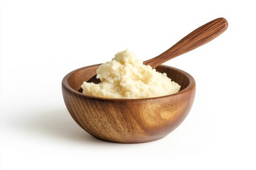 Creamy, white mashed potatoes in a wooden bowl with a wooden spoon