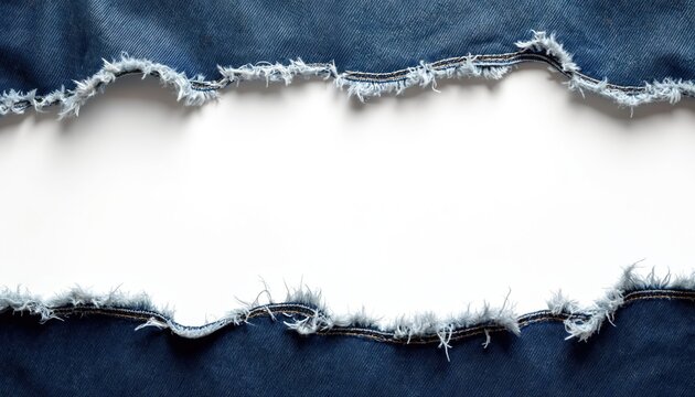 Ripped denim frame against white background. Torn, distressed jean texture. Distressed denim edges, frayed threads. Blank space for text. Denim clothing fashion design. Modern template, fashion
