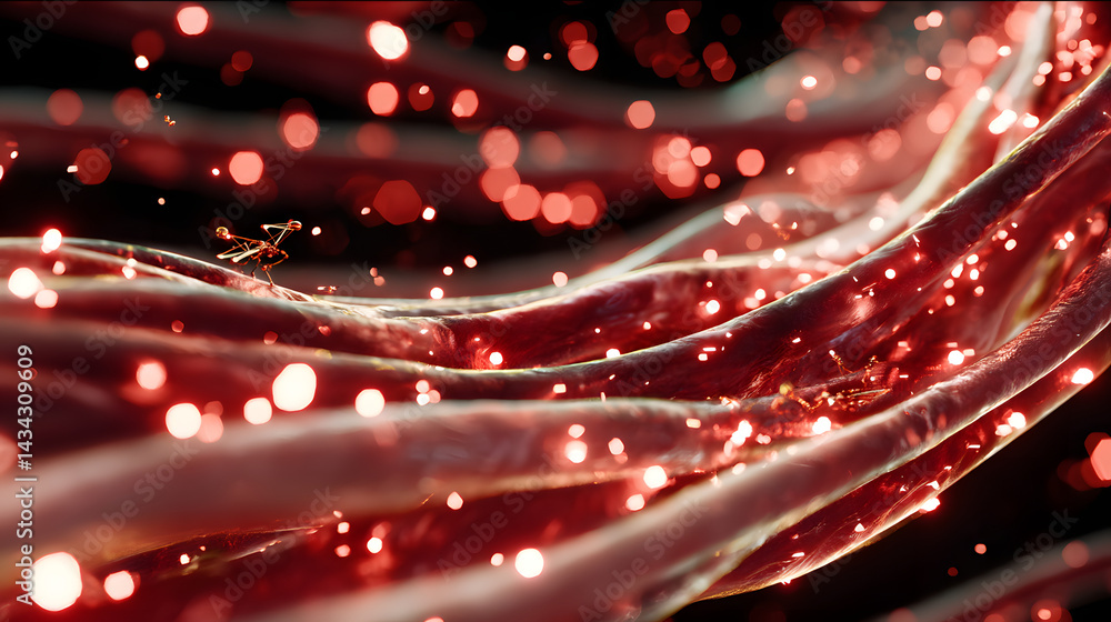 Poster red glowing fiber optics: abstract image of red fiber optic cables glowing with light, creating a dy