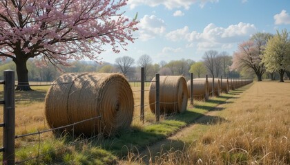 Obraz premium Scenic Spring Landscape with Hay Bales and Blossoming Trees