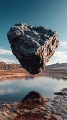 A colossal rock hovers weightlessly above a tranquil lake reflecting its image against a backdrop of arid mountains under a clear blue sky in a surreal scene.