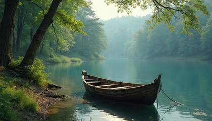 Old wooden boat floats on calm lake surrounded by rich green trees. Tranquil water scenery, forest trees reflecting. Serene lakeside. Peaceful vacation. Nature beauty.
