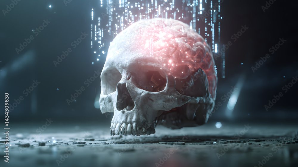 Poster enlightenment in darkness: a skull, bathed in an ethereal glow of data streams. a stark contrast of 