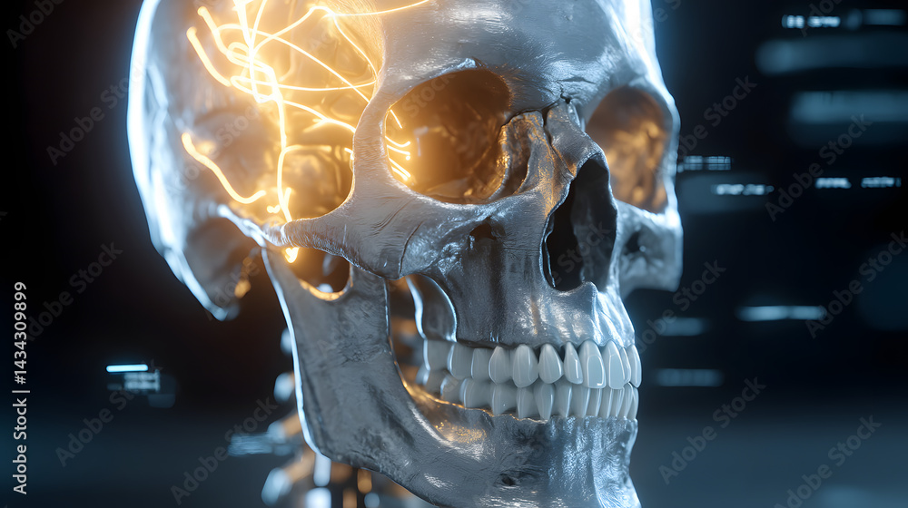 Poster illuminated skull: a detailed 3d rendering of a human skull with glowing neural pathways, highlighti