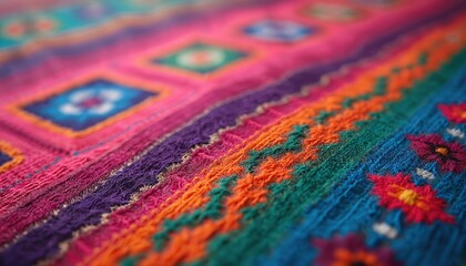Obraz premium Traditional Guatemalan huipil fabric, vibrant colors handwoven patterns. Colorful textile texture, artisan craft, traditional clothing, native art. Central America, Guatemala heritage culture.