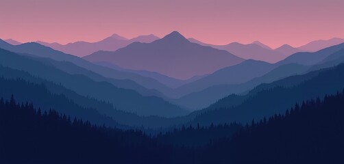 Obraz premium Abstract illustration shows mountain range silhouette in shades of blue, purple. Forest foreground, sunset, sunrise background. Nature landscape, scenic panorama, outdoor travel, tourism,