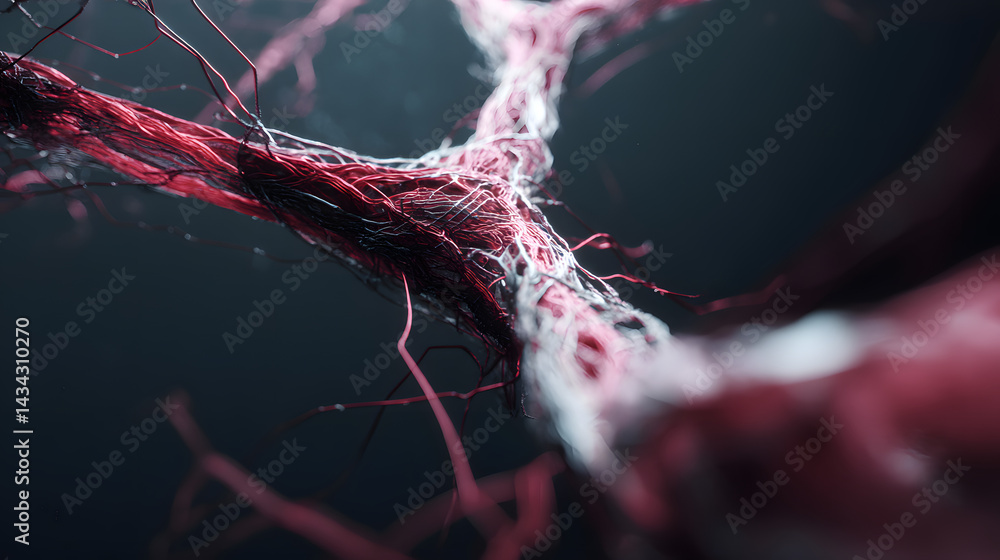 Poster intricate thread network: a mesmerizing close-up reveals the complex interwoven structure of red and