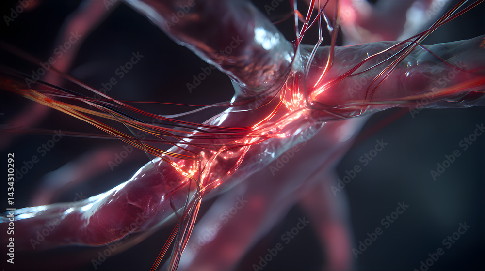 Poster neural network connection: intricate network of glowing red and orange neural pathways, simulating t
