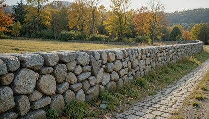 Serene Stone Wall Surrounded by Vibrant Autumn Trees and Grass Landscape
