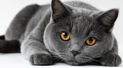 British shorthair cat with a focused look on a plain white background capturing attention with its striking features