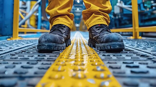 Safety conscious worker navigating designated walkway, wearing protective footwear while maintaining strict adherence to industrial safety guidelines in manufacturing facility