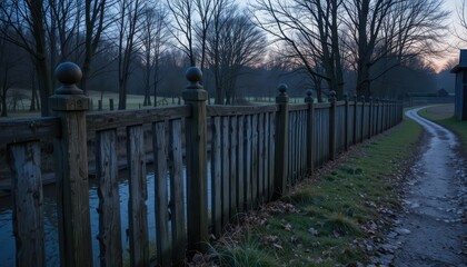 Obraz premium Serene Pathway by Water with Wooden Fence at Dusk